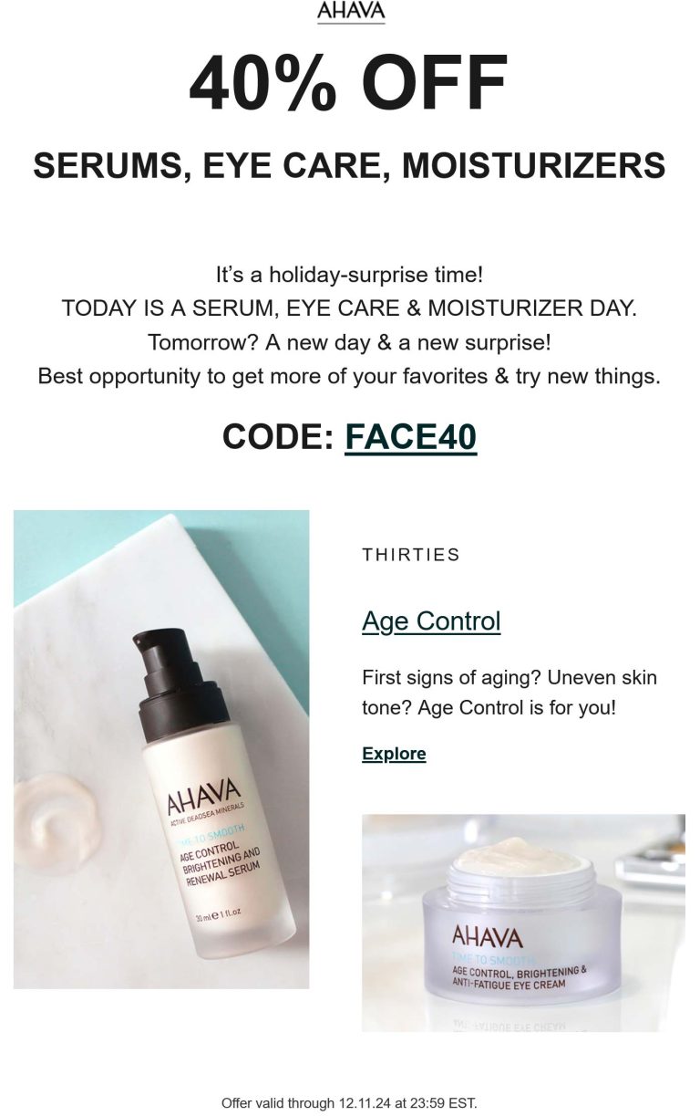 40% off serums eyecare and moisturizers today at AHAVA via promo code FACE40