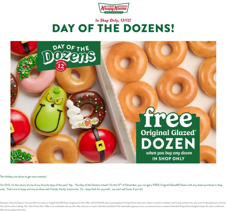 Second dozen doughnuts free Thurs at Krispy Kreme