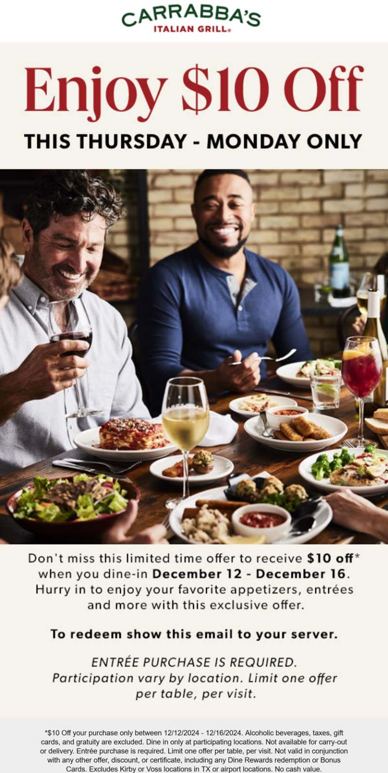 $10 off dinner at Carrabbas restaurant