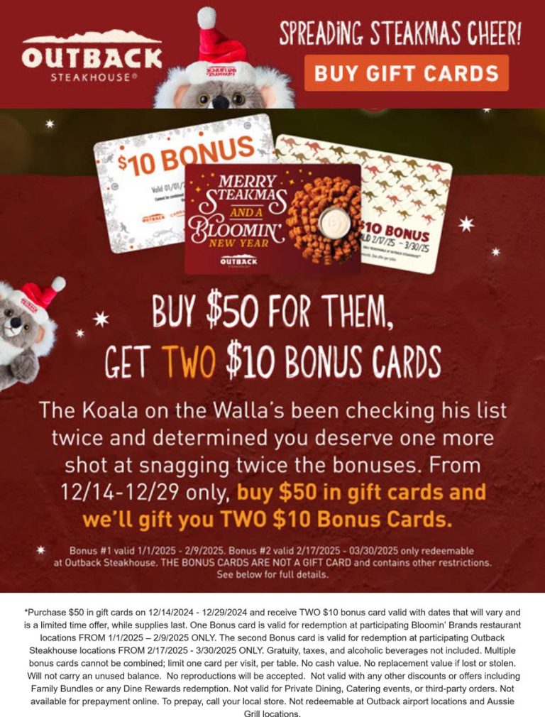$20 cards free on $50 card purchase at Outback Steakhouse restaurants