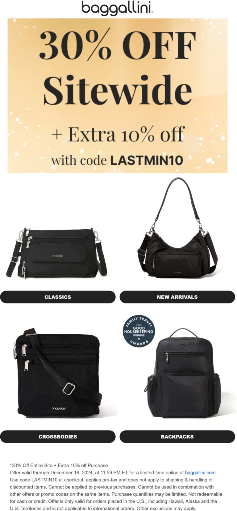40% off everything at Baggallini via promo code LASTMIN10