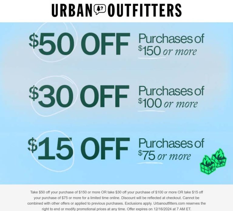 $15-$50 off $75+ today online at Urban Outfitters