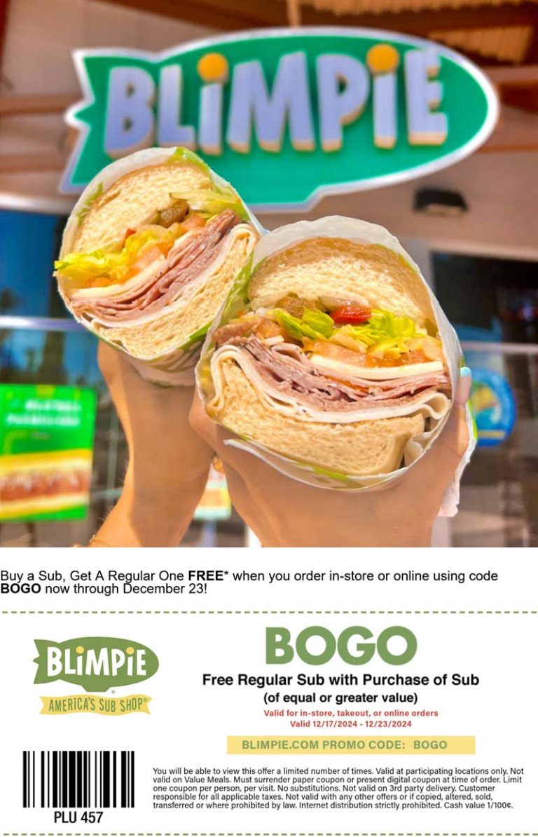 Second sub sandwich free at Blimpie, or online via promo code BOGO