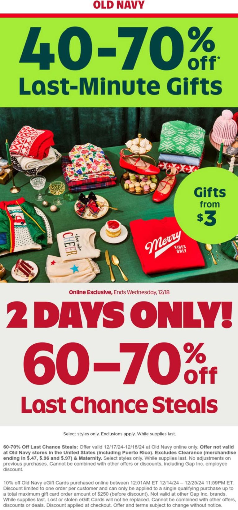 60-70% off last chance steals at Old Navy
