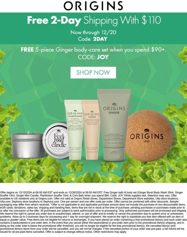Free 5pc on $90+ at Origins via promo code 2DAY
