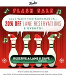 20% off lane reservations today at Bowlero bowling alleys #bowlero