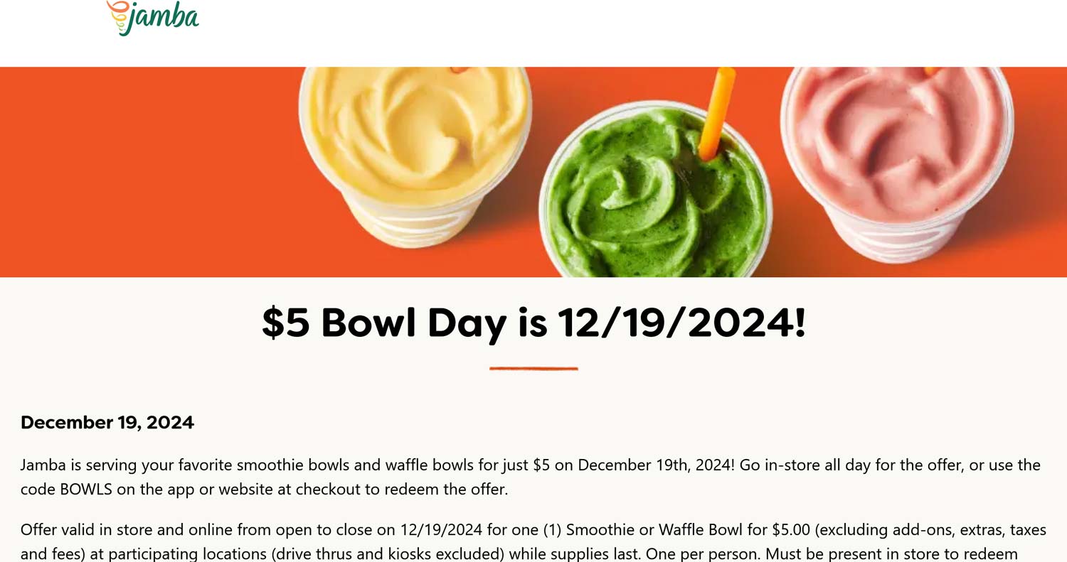 $5 bowl day today at Jamba juice restaurants #jamba