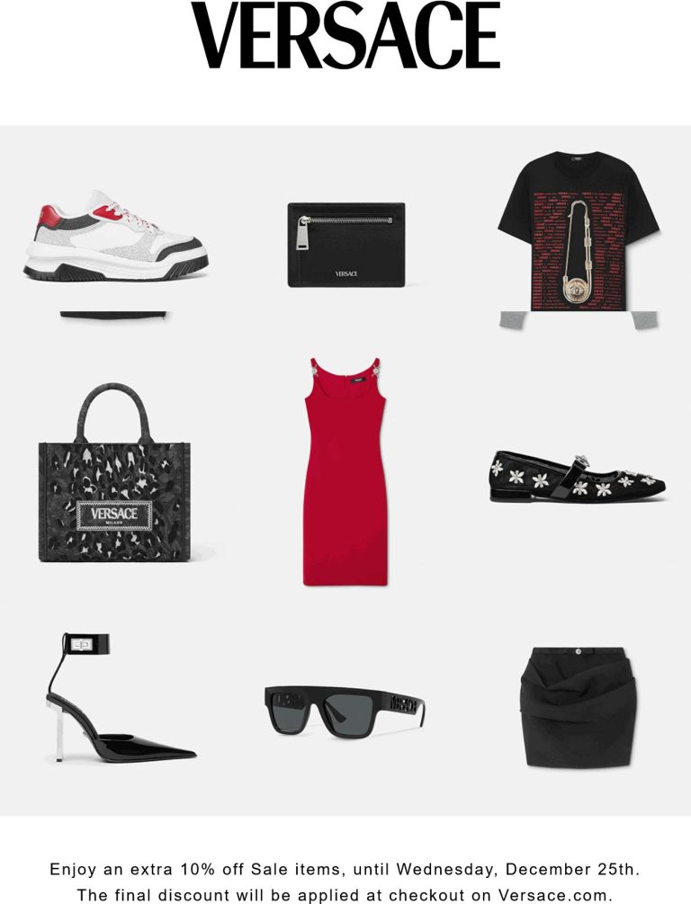 Extra 10% off sale items online today at Versace