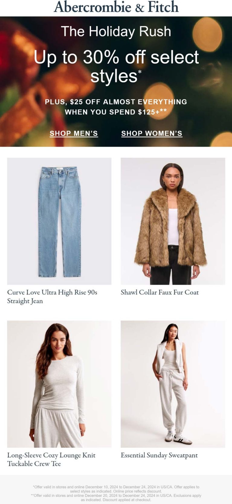 Abercrombie & Fitch coupon: 25-30% off $125 at Abercrombie & Fitch, ditto online