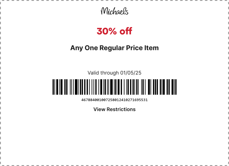 30% off a single item at Michaels, or online via promo code DECMIK30