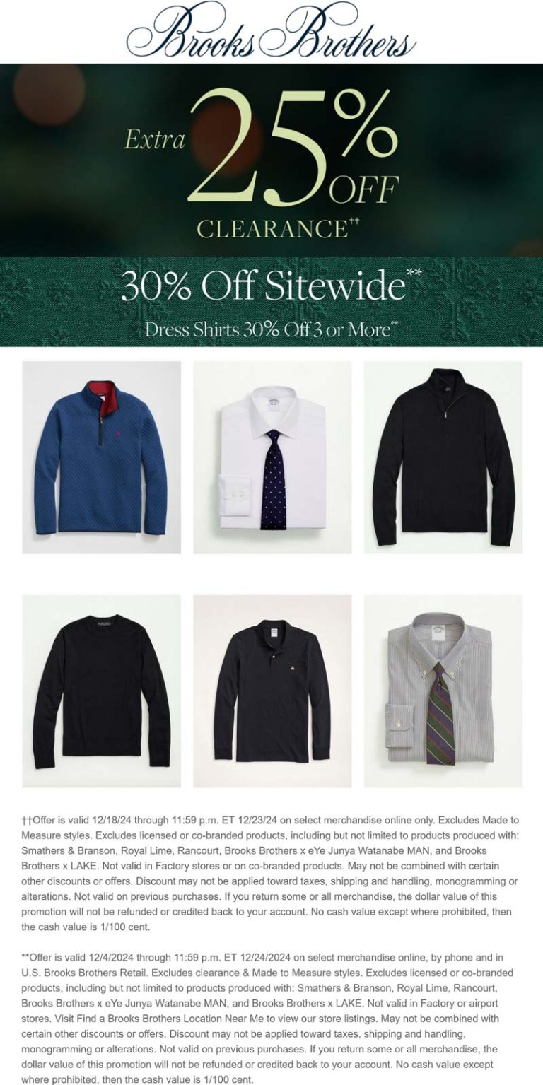 Extra 25% off clearance & 30% off everything else online at Brooks Brothers