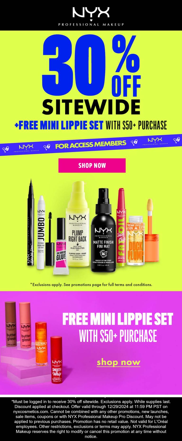 30% off everything + free lippie set on $50+ at NYX Professional Makeup