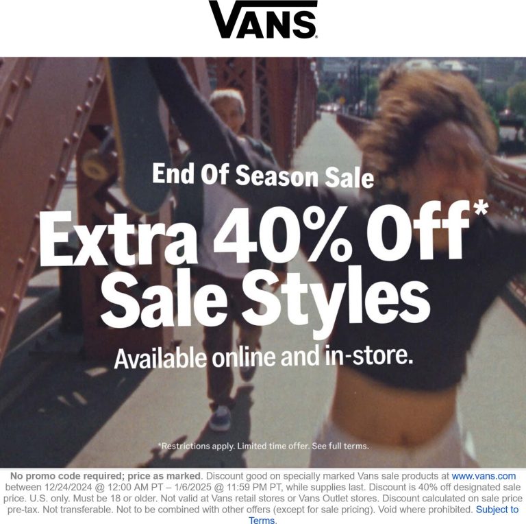 Extra 40% off sale styles at Vans, ditto online