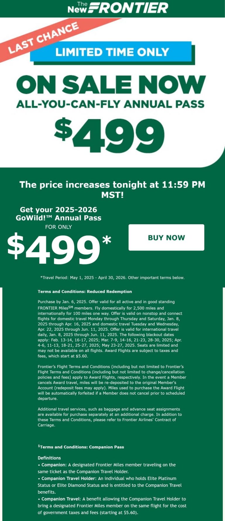 $499 All-You-Can-fly Annual Pass today at Frontier Airlines