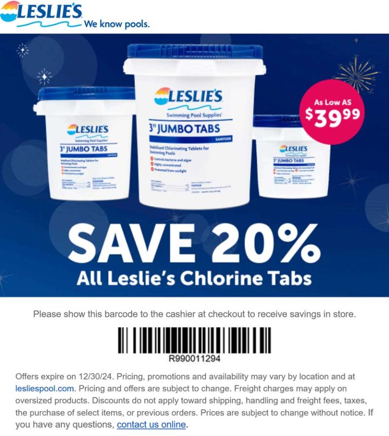 20% off chlorine tabs & shock at Leslies Pool