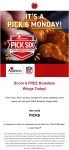 6 free boneless chicken wings today at Applebees via promo code PICK6 #applebees