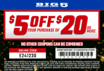 $5 off $20 at Big 5 Sporting Goods, or online via promo code E241230 #big5