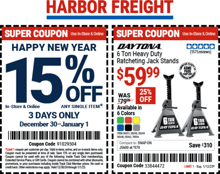 15% off at Harbor Freight, or online via promo code 91029504