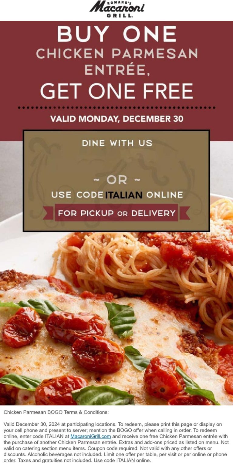 Second chicken parmesan free today at Macaroni Grill, or online via promo code ITALIAN