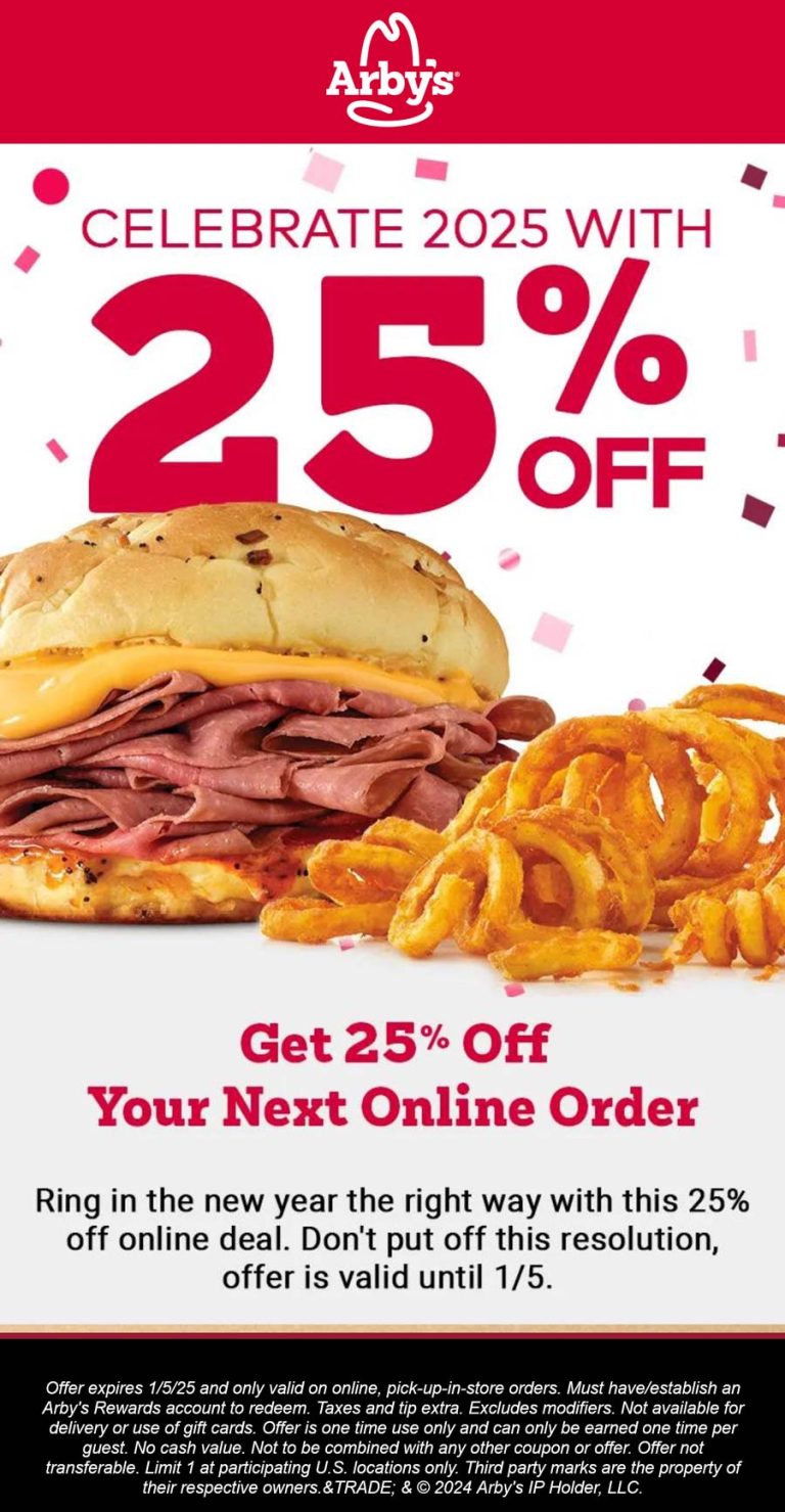 25% off online at Arbys restaurants