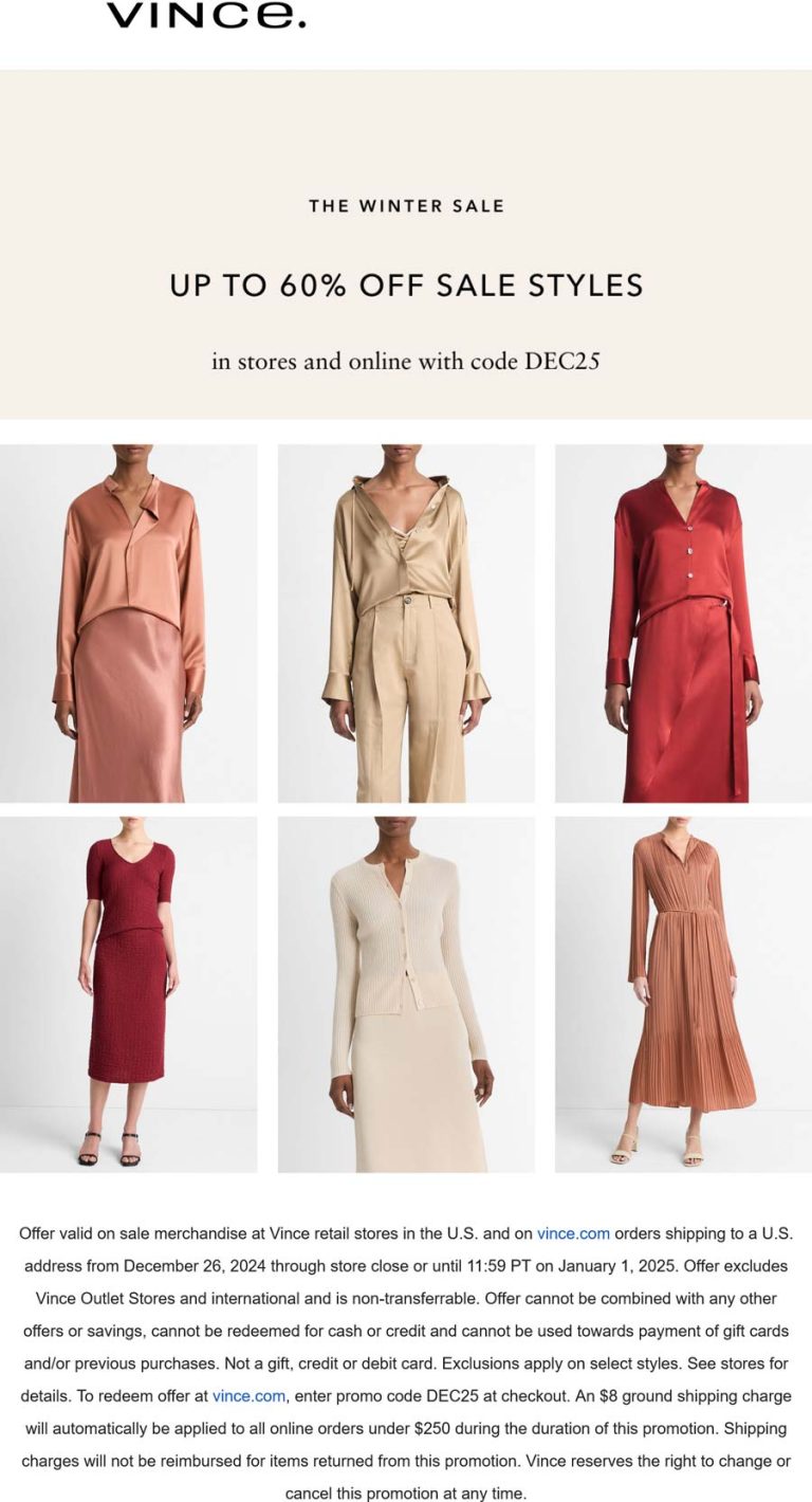 60% off sale styles at Vince, or online via promo code DEC25
