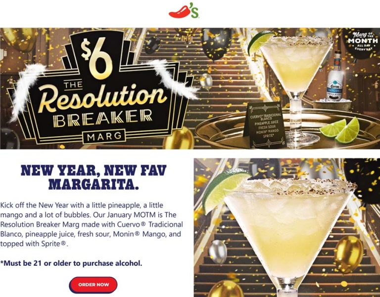 $6 resolution breaker margarita this month at Chilis restaurants