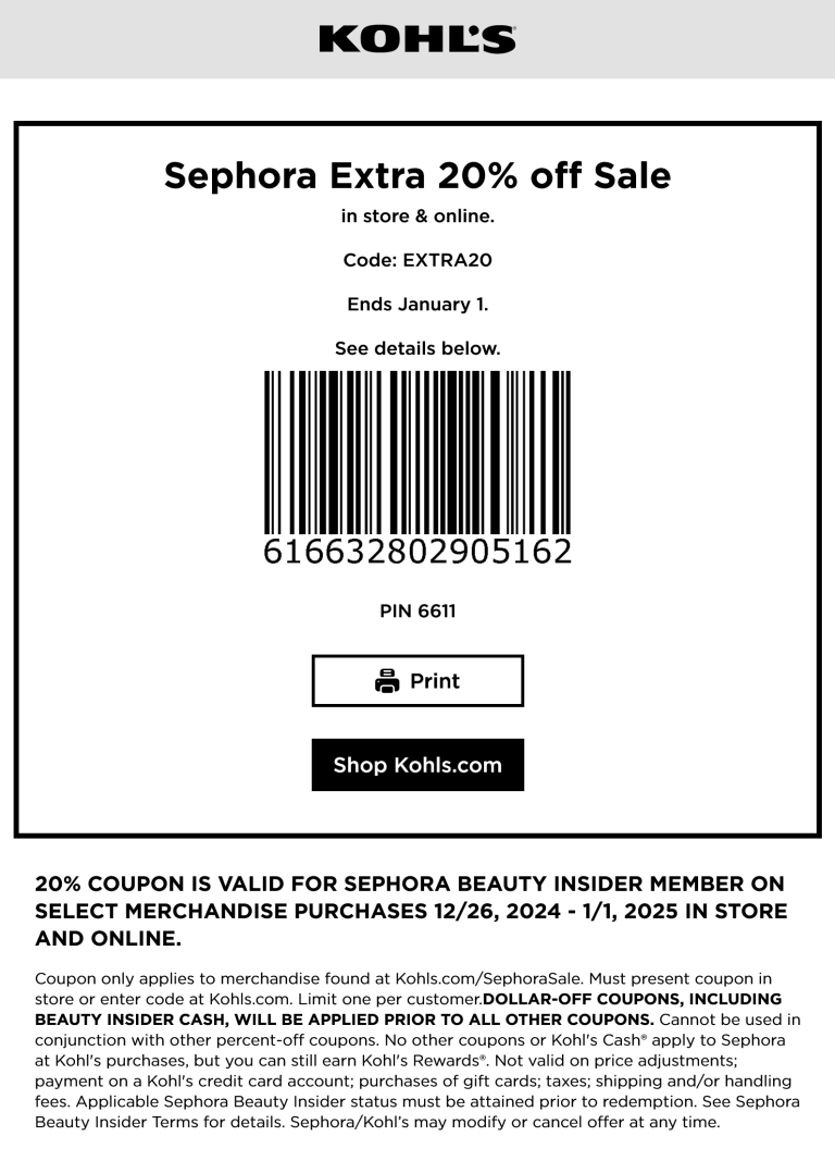 Extra 20% off Sephora inside Kohls today, or online via promo code EXTRA20