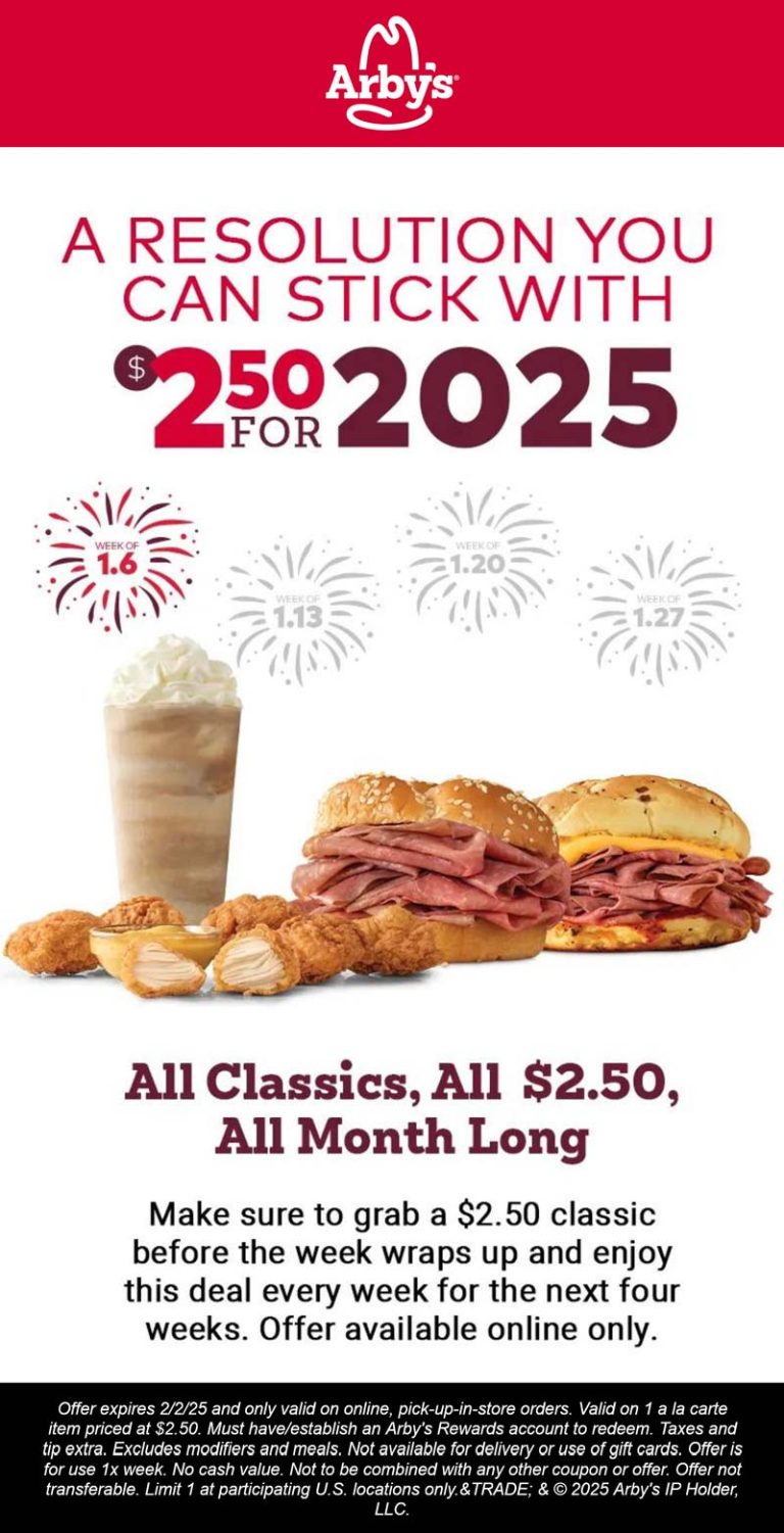 All classic sandwiches $2.50 online all month at Arbys restaurants