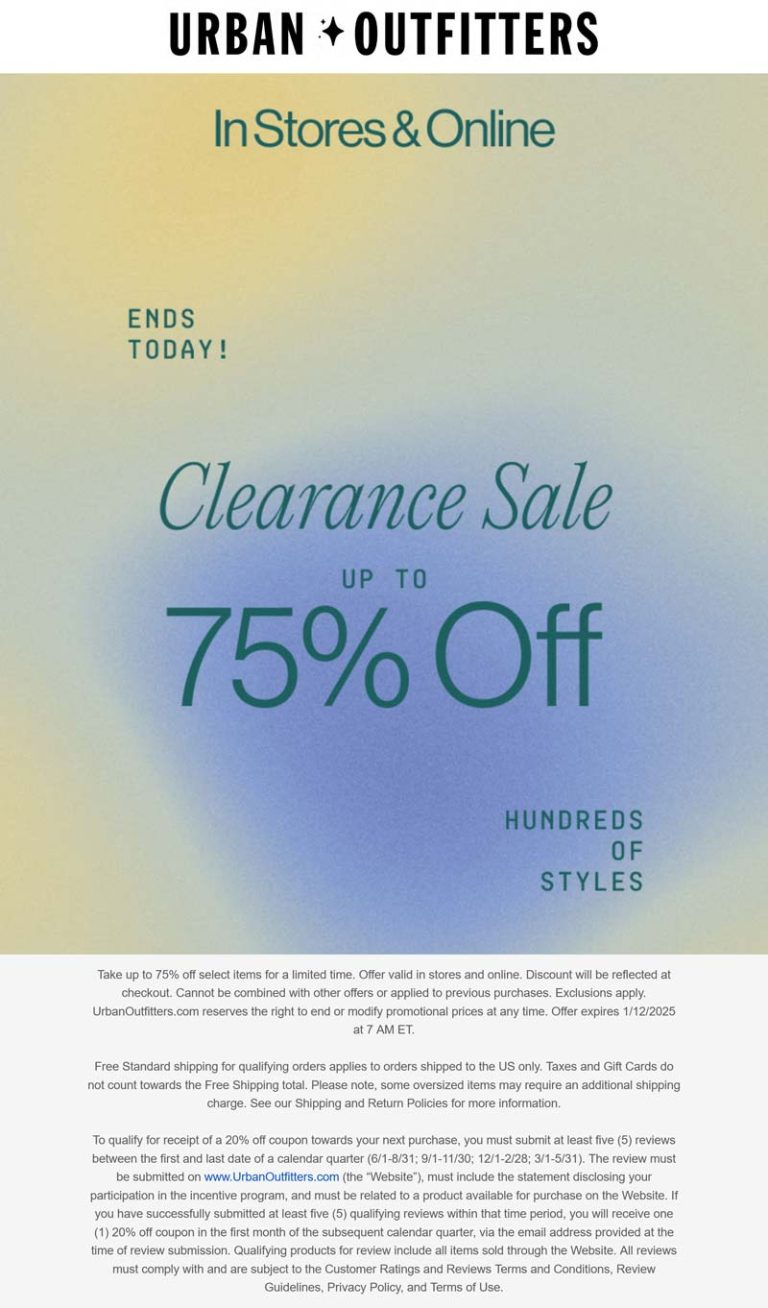 Various 75% off today at Urban Outfitters, ditto online