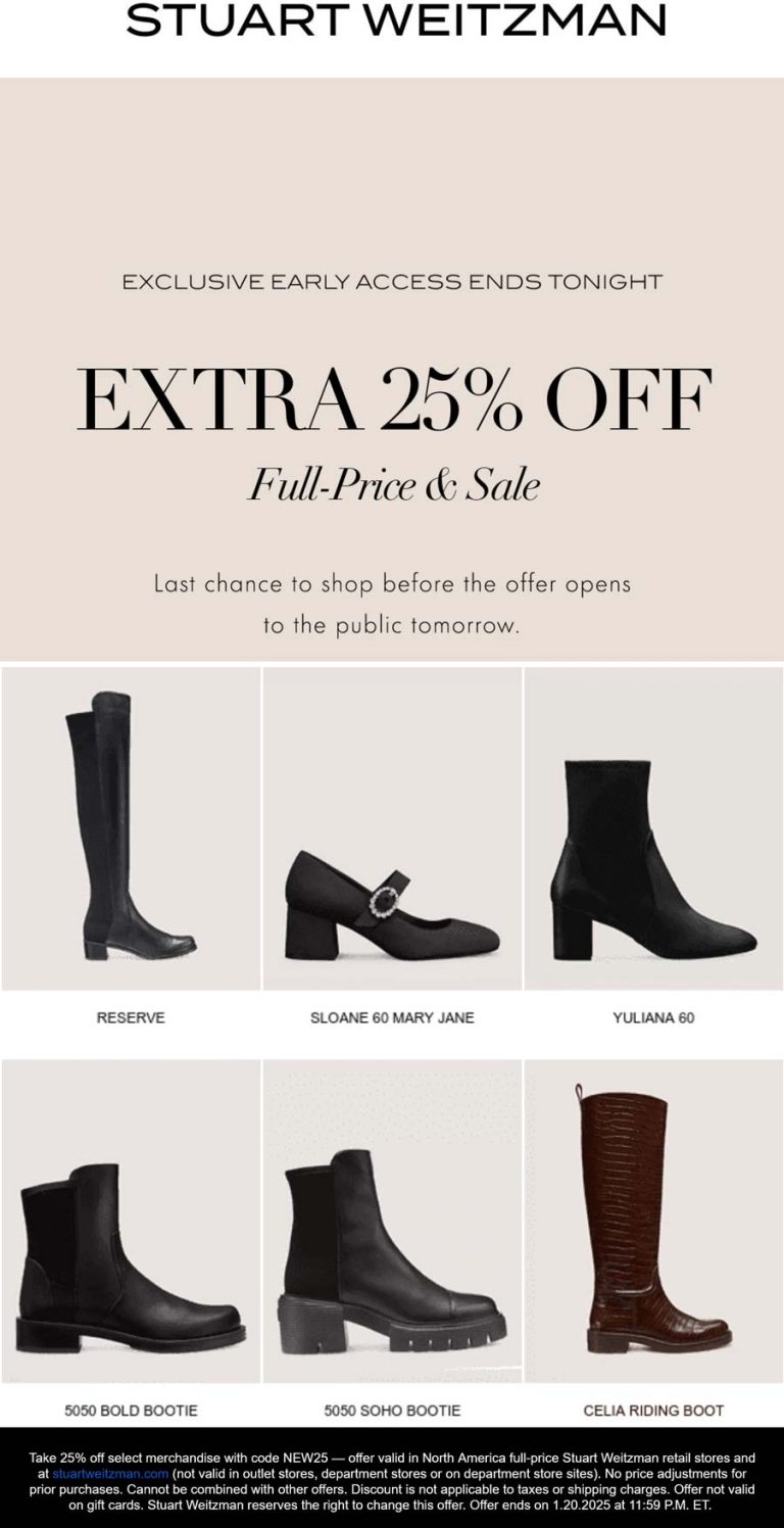 Extra 25% off today at Stuart Weitzman, ditto online