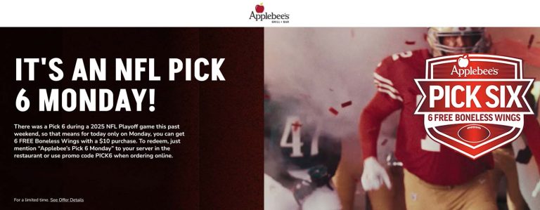 6 free boneless chicken wings on $10 today at Applebees, or online via promo code PICK6