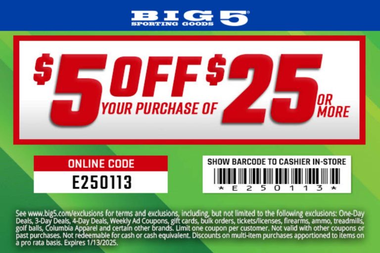 $5 off $25 today at Big 5 sporting goods, or online via promo code E250113