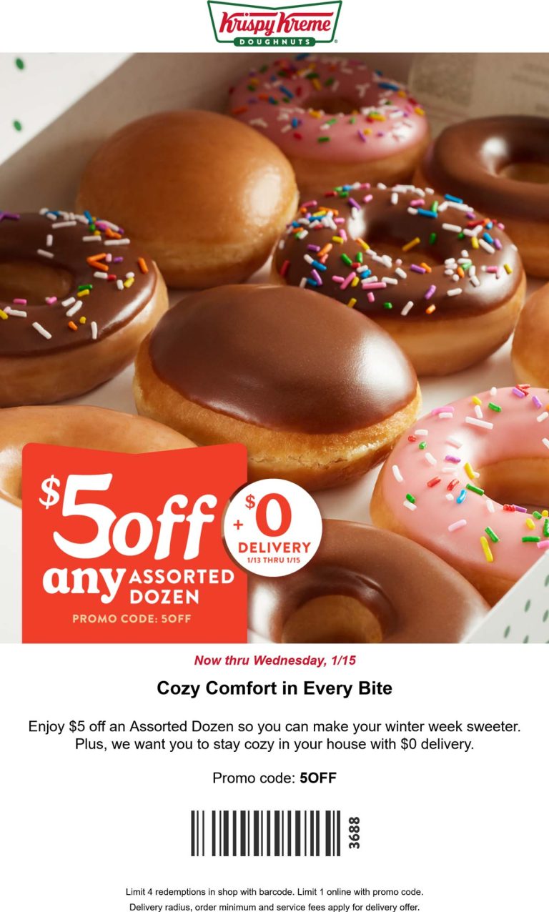 $5 off an assorted dozen doughnuts at Krispy Kreme, or online via promo code 5OFF