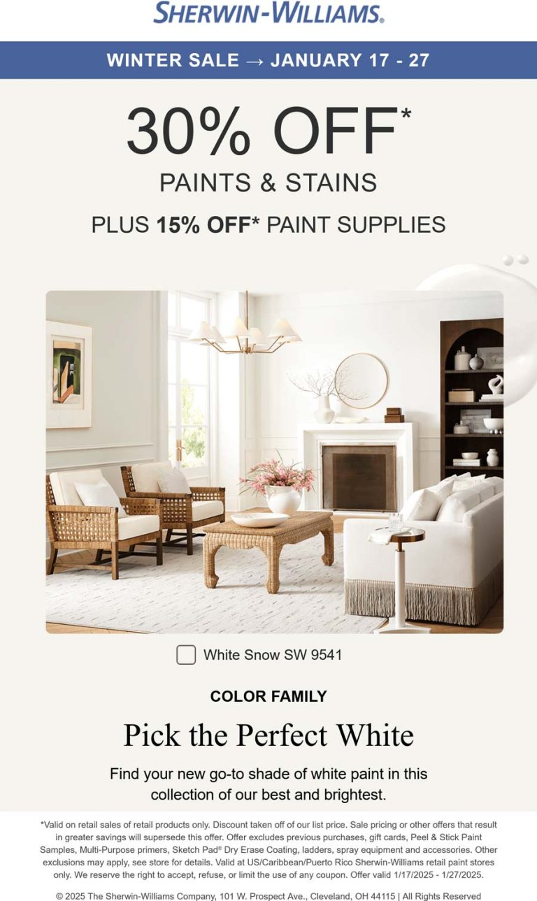 30% off paints & stains at Sherwin Williams