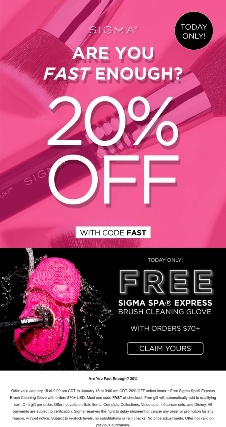 20% off + free cleaning glove on $70 today at Sigma beauty via promo code FAST