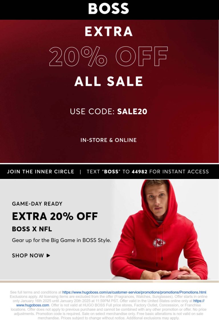 Extra 20% off sale items at BOSS, or online via promo code SALE20