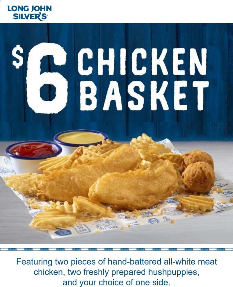 2pc chicken + 2 huspuppies + side = $6 chicken basket at Long John Silvers