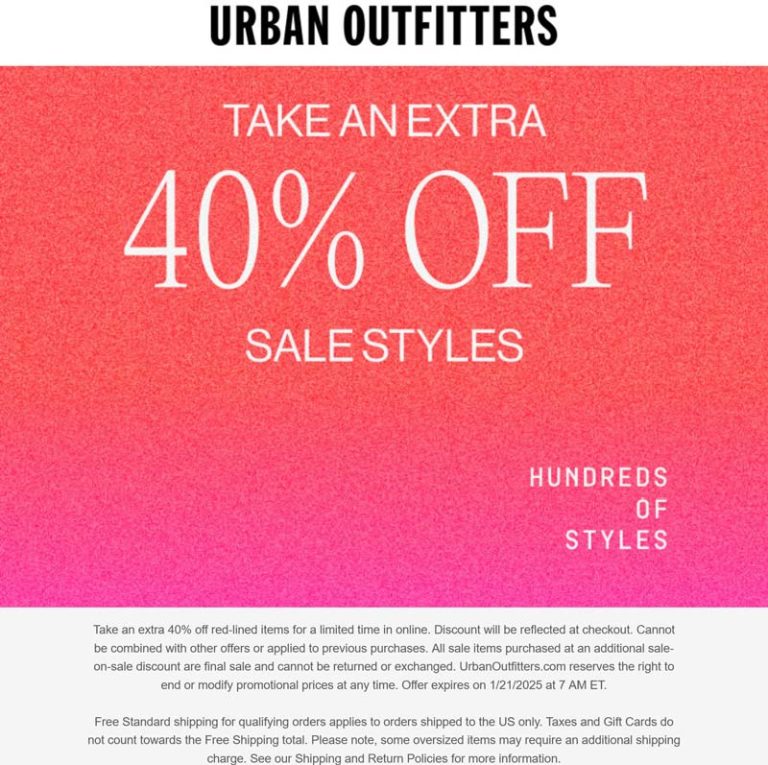 Extra 40% off sale styles online at Urban Outfitters