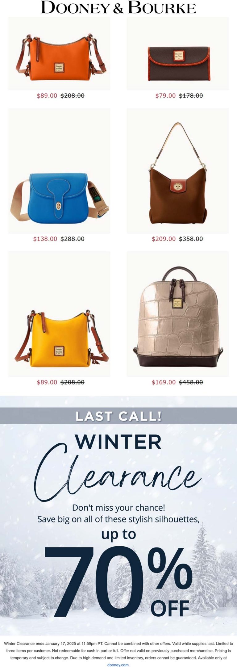 Dooney & Bourke coupon: 70% off winter clearance today at Dooney & Bourke