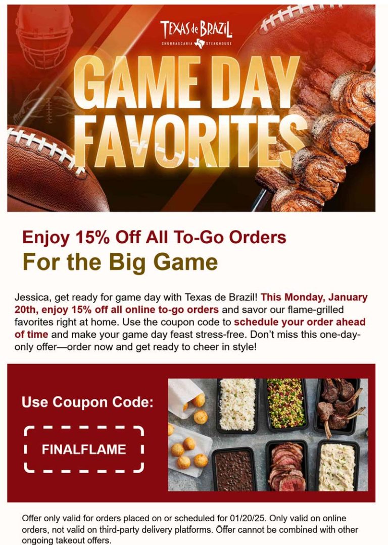 15% off takeout Monday at Texas de Brazil restaurants via promo code FINALFLAME