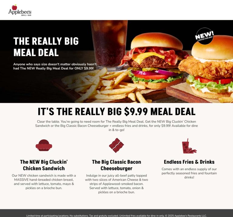 Bacon cheeseburger or chicken sandwich + bottomless fries & drinks = $10 at Applebees
