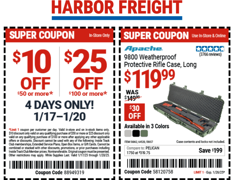 $10-$25 off $50+ at Harbor Freight