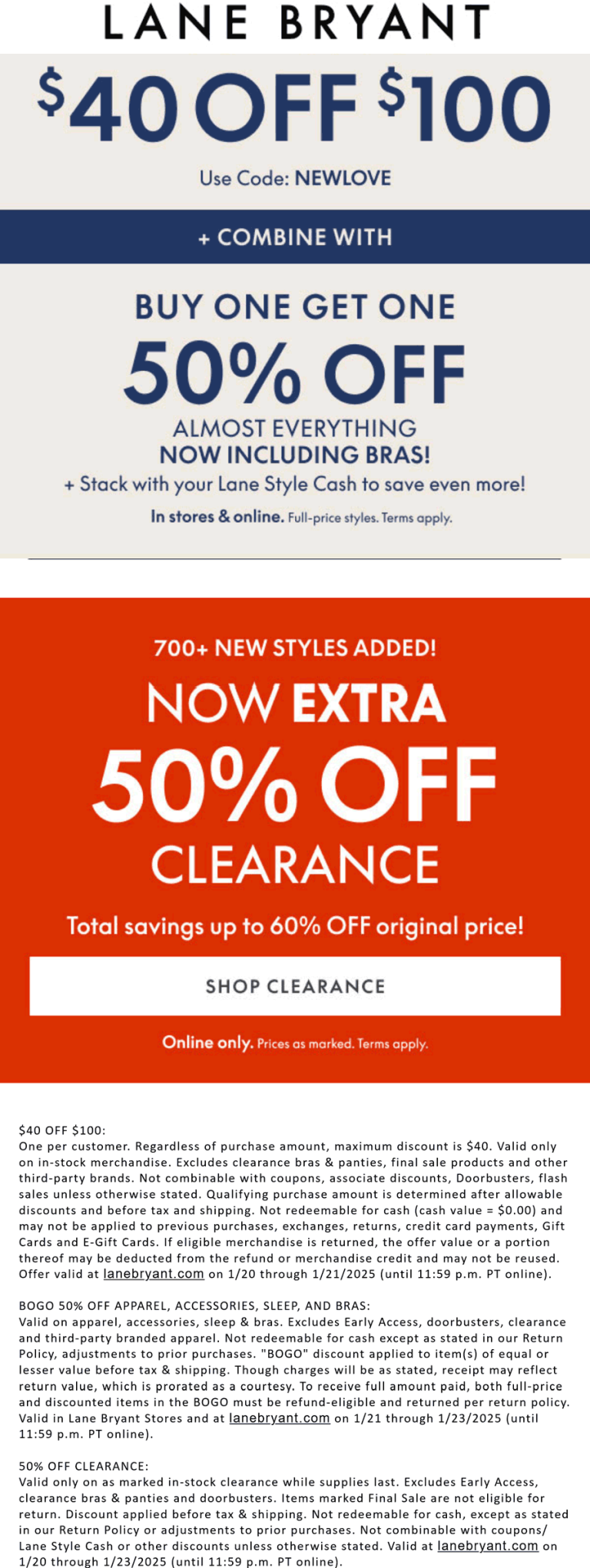 $40 off $100 online today at Lane Bryant via promo code NEWLOVE