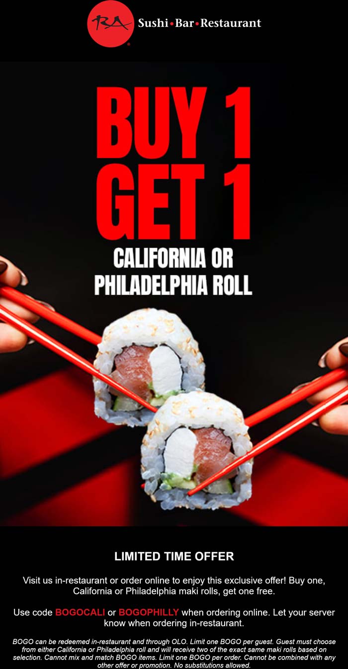 Second maki roll free at RA Sushi restaurants via promo code BOGOCALI ...