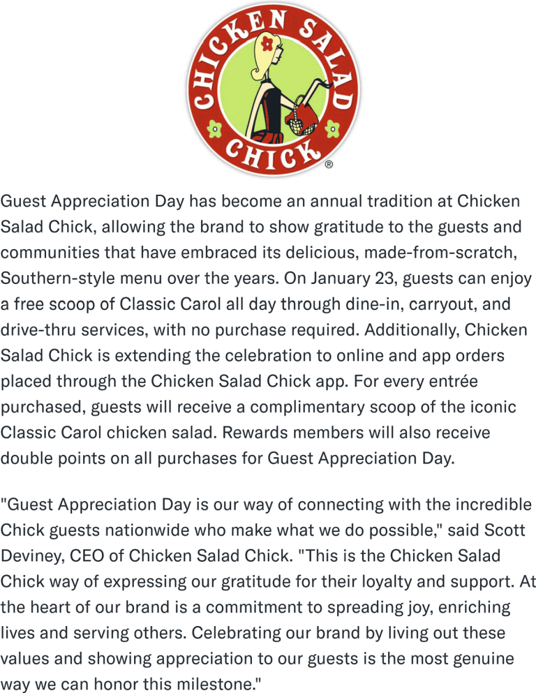 Free scoop of chicken salad Thurs at Chicken Salad Chick, no purchase necessary