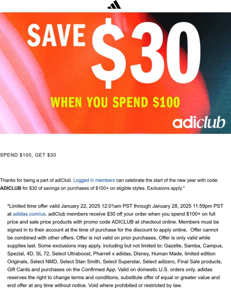 $30 off $100 at adidas via promo code ADICLUB