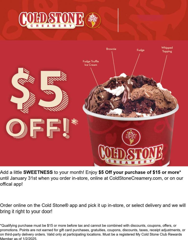 $5 off $15 at Cold Stone Creamery