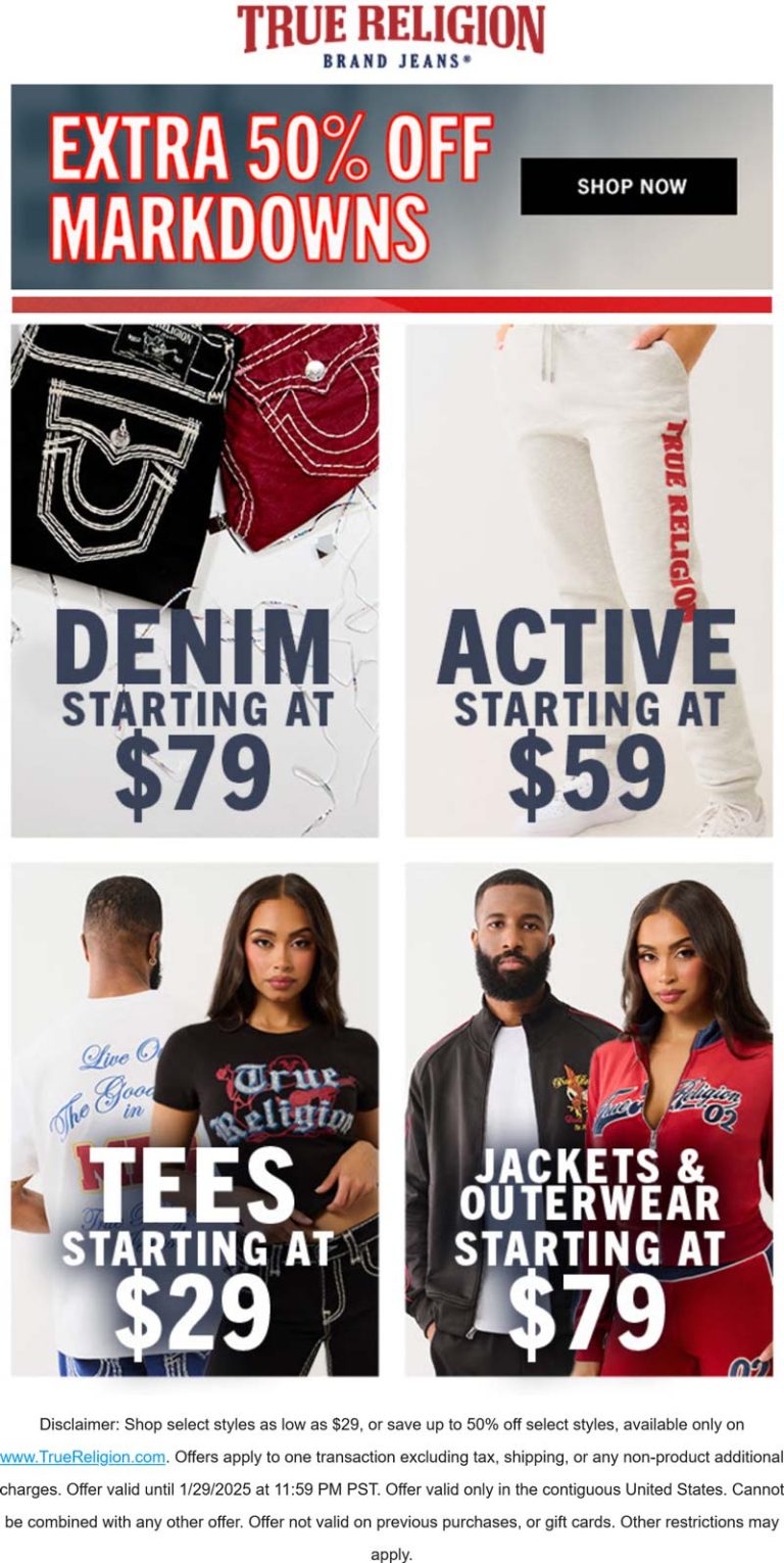 Extra 50% off sale items at True Religion