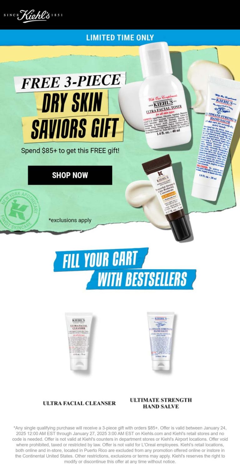 Free 3pc on $85 at Kiehls