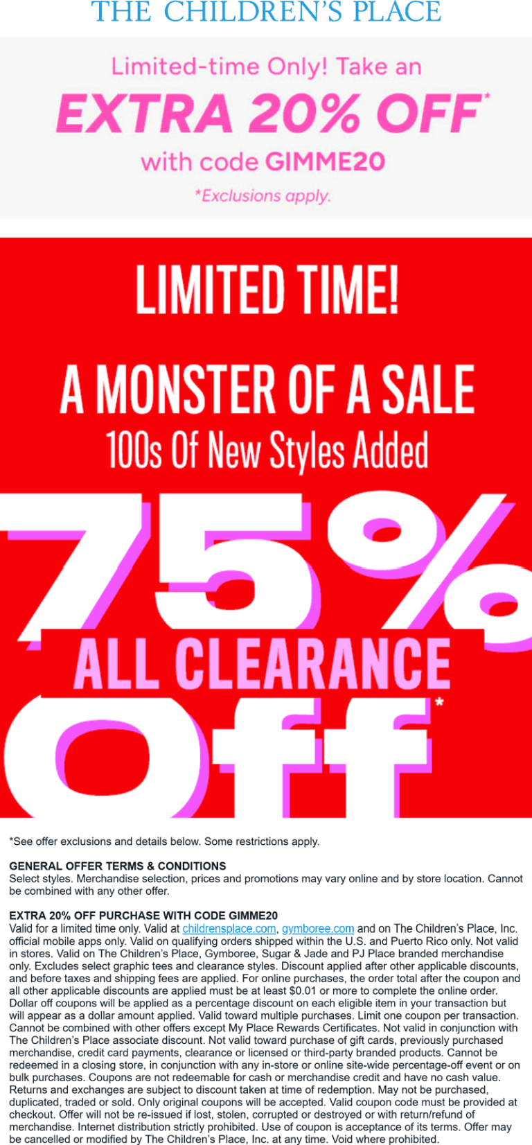 Extra 20% off at The Childrens Place via promo code GIMME20